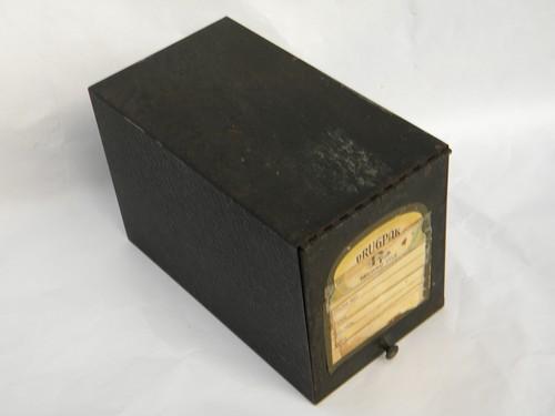 photo of vintage drugstore or pharmacy record card file with Drugpak label #1