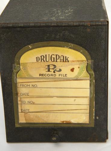 photo of vintage drugstore or pharmacy record card file with Drugpak label #2
