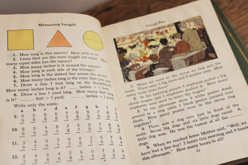 photo of vintage early reader school books w/ green covers in old antique leather strap satchel #3