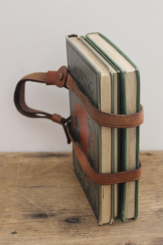 photo of vintage early reader school books w/ green covers in old antique leather strap satchel #8