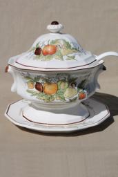 catalog photo of vintage earthenware tureen w/ plate & ladle, fall harvest fruits & flowers