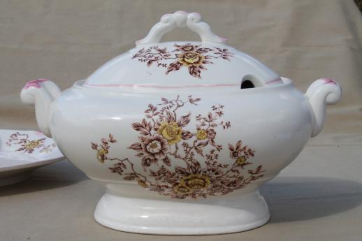 photo of vintage earthenware tureen w/ plate & ladle, fall harvest transferware flowers #4