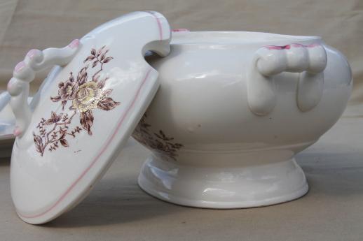 photo of vintage earthenware tureen w/ plate & ladle, fall harvest transferware flowers #5