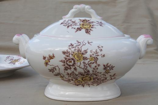 photo of vintage earthenware tureen w/ plate & ladle, fall harvest transferware flowers #6