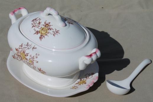 photo of vintage earthenware tureen w/ plate & ladle, fall harvest transferware flowers #9