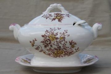 catalog photo of vintage earthenware tureen w/ plate & ladle, fall harvest transferware flowers