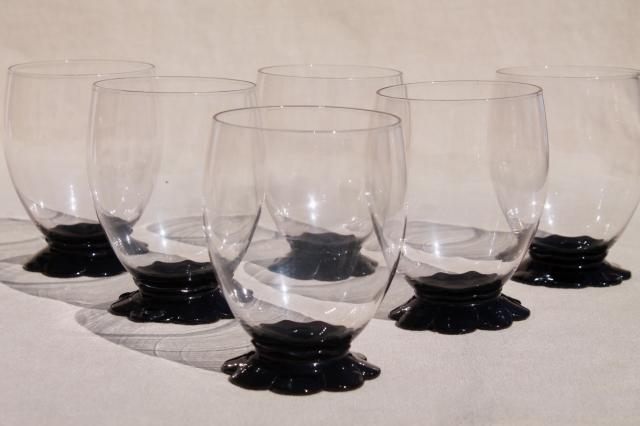 photo of vintage ebony black / clear glass tumblers, Weston lilly pad water lily flower foot #1