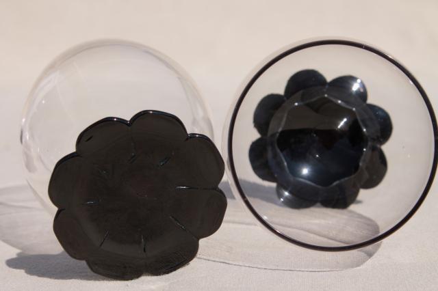 photo of vintage ebony black / clear glass tumblers, Weston lilly pad water lily flower foot #4