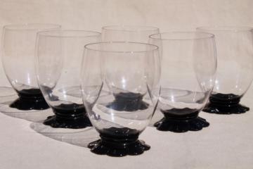 catalog photo of vintage ebony black / clear glass tumblers, Weston lilly pad water lily flower foot