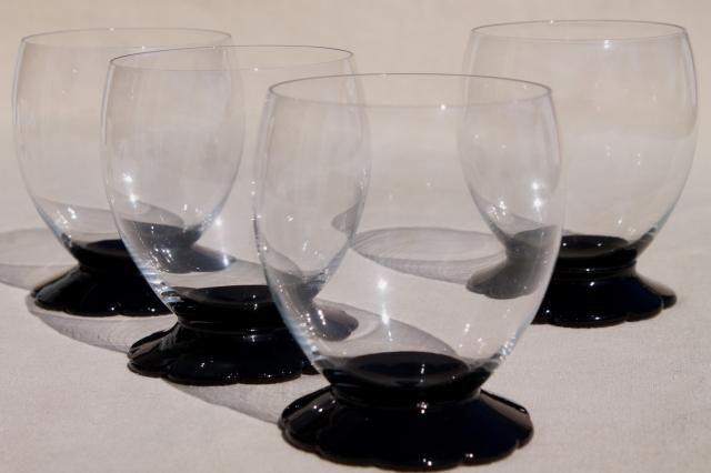 photo of vintage ebony black / clear glass tumblers, Weston lilly pad water lily flower foot #1