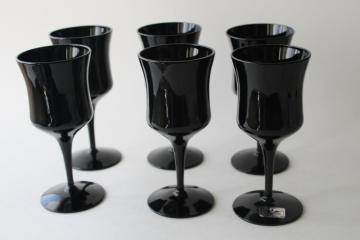catalog photo of vintage ebony black glass wine glasses, set of six goblets gothic style Halloween