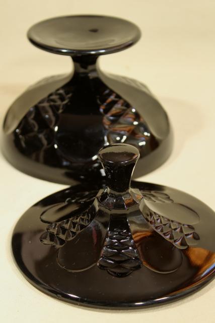 photo of vintage ebony black opaque glass candy dish, footed bowl w/ lid, black milk glass #5