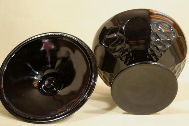 photo of vintage ebony black opaque glass candy dish, footed bowl w/ lid, black milk glass #6