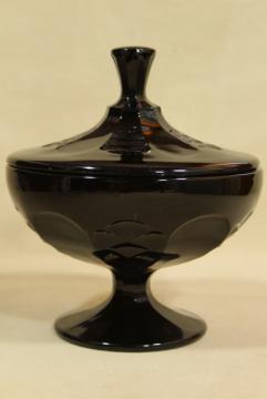 catalog photo of vintage ebony black opaque glass candy dish, footed bowl w/ lid, black milk glass