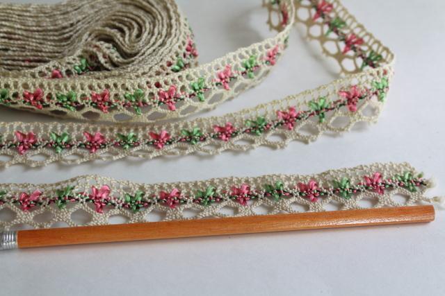 photo of vintage ecru cotton cluny type lace edging w/ rose pink & green rayon silky thread #2