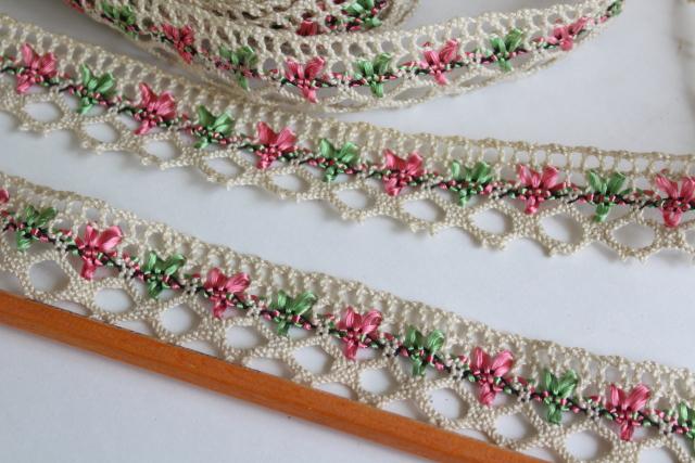 photo of vintage ecru cotton cluny type lace edging w/ rose pink & green rayon silky thread #3