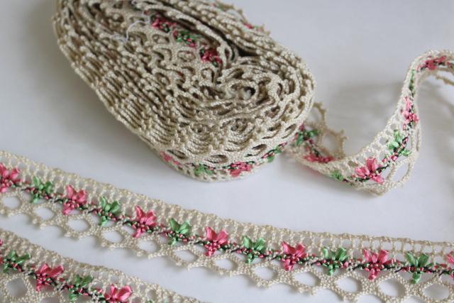 photo of vintage ecru cotton cluny type lace edging w/ rose pink & green rayon silky thread #4