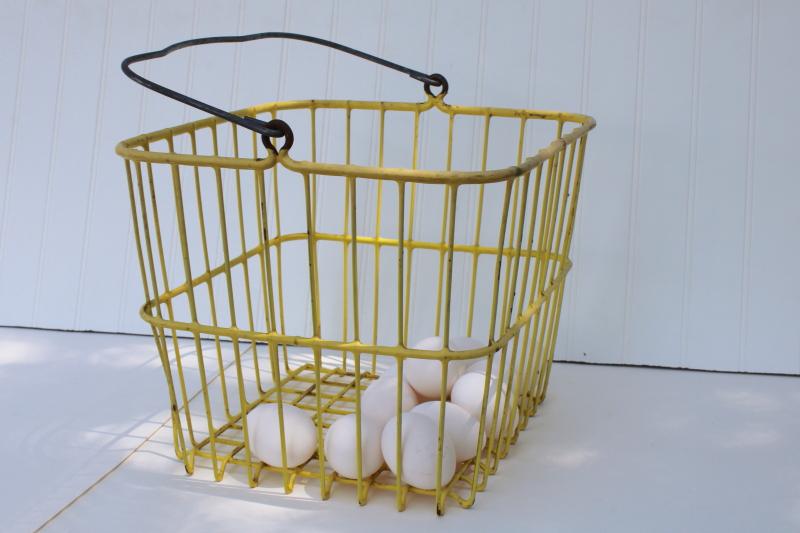 photo of vintage egg basket, large square gathering basket, yellow coated wire basket w/ handle #1