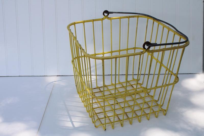 photo of vintage egg basket, large square gathering basket, yellow coated wire basket w/ handle #2