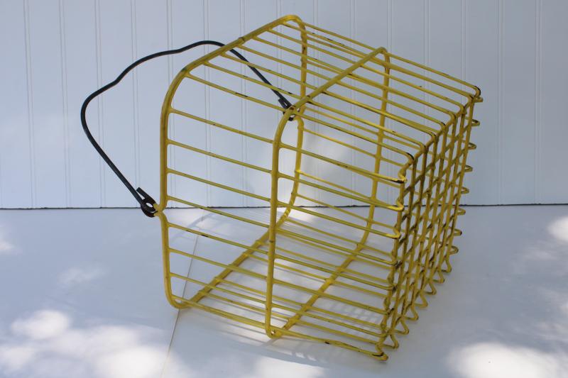 photo of vintage egg basket, large square gathering basket, yellow coated wire basket w/ handle #3