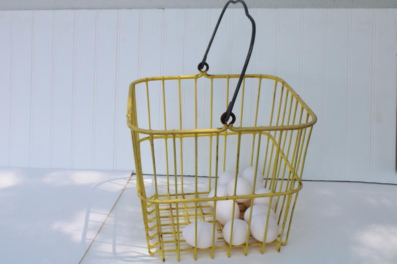 photo of vintage egg basket, large square gathering basket, yellow coated wire basket w/ handle #4