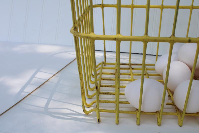 photo of vintage egg basket, large square gathering basket, yellow coated wire basket w/ handle #5