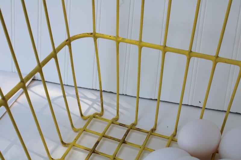 photo of vintage egg basket, large square gathering basket, yellow coated wire basket w/ handle #6