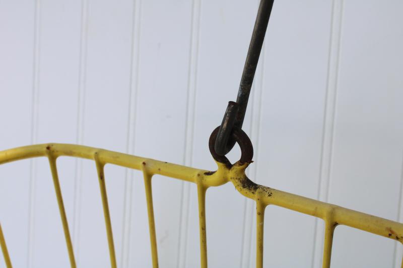 photo of vintage egg basket, large square gathering basket, yellow coated wire basket w/ handle #7