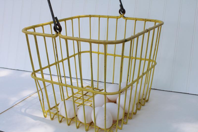 photo of vintage egg basket, large square gathering basket, yellow coated wire basket w/ handle #8