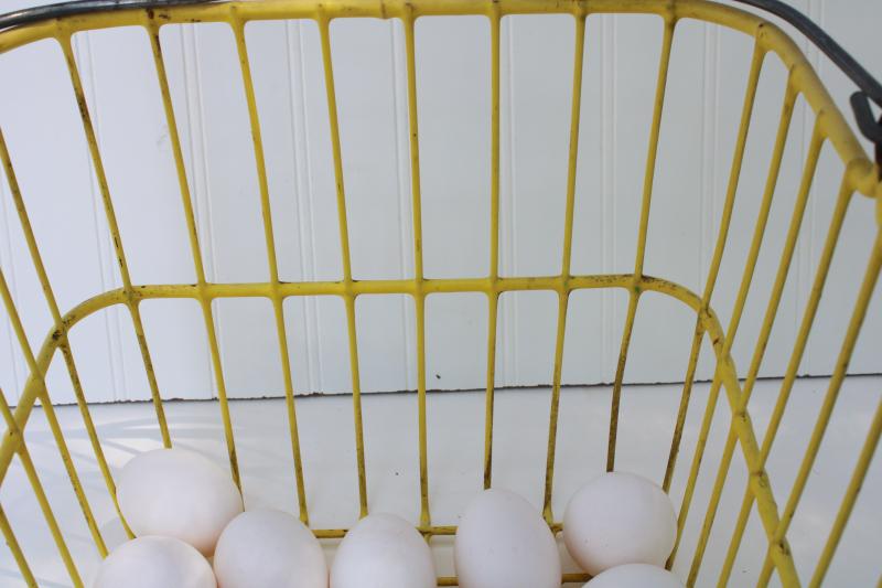 photo of vintage egg basket, large square gathering basket, yellow coated wire basket w/ handle #9