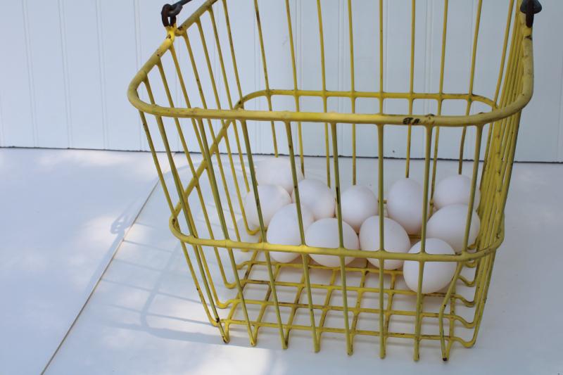 photo of vintage egg basket, large square gathering basket, yellow coated wire basket w/ handle #10