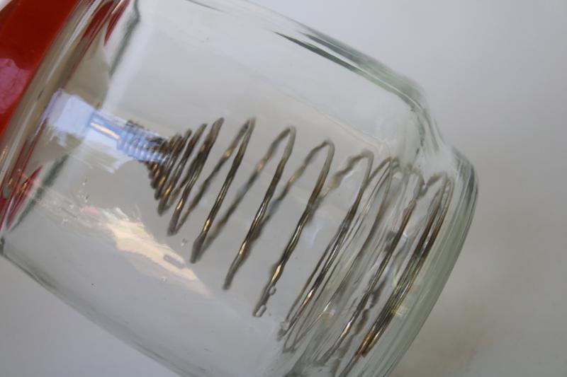vintage egg beater jar, spring type whisk or whip w/ push down plunger