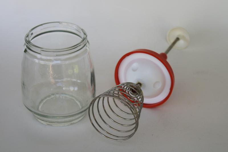 vintage egg beater jar, spring type whisk or whip w/ push down plunger