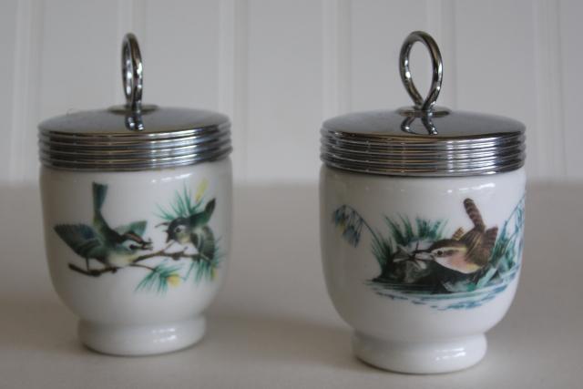 photo of vintage egg cups, Royal Worcester china egg coddlers w/ birds pattern, finches & wren #1