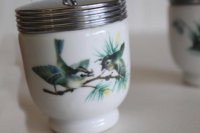 photo of vintage egg cups, Royal Worcester china egg coddlers w/ birds pattern, finches & wren #2