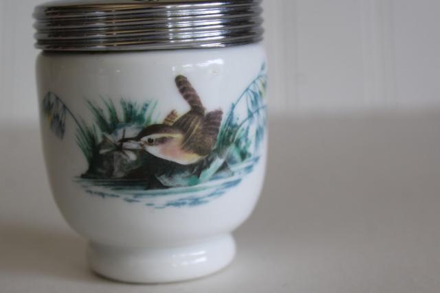 photo of vintage egg cups, Royal Worcester china egg coddlers w/ birds pattern, finches & wren #3