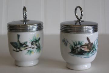 vintage egg cups, Royal Worcester china egg coddlers w/ birds pattern, finches & wren