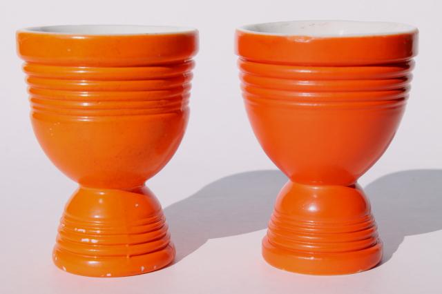 photo of vintage egg cups / coddlers in fiesta orange ironstone china, Hankscraft egg cooker go-along #4