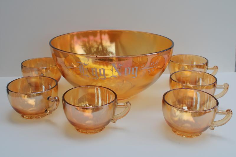 photo of vintage egg nog punch set, marigold iridescent carnival glass Jeannette camellia pattern #1