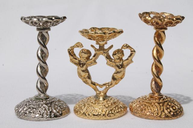 photo of vintage egg stands lot, ornate gold tone metal display holders for decorated eggs #17