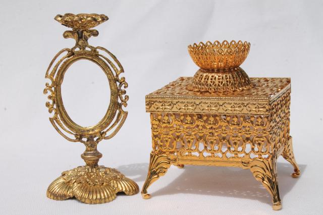 photo of vintage egg stands lot, ornate gold tone metal display holders for decorated eggs #8