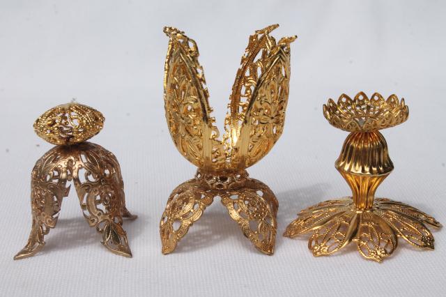 photo of vintage egg stands lot, ornate gold tone metal display holders for decorated eggs #10