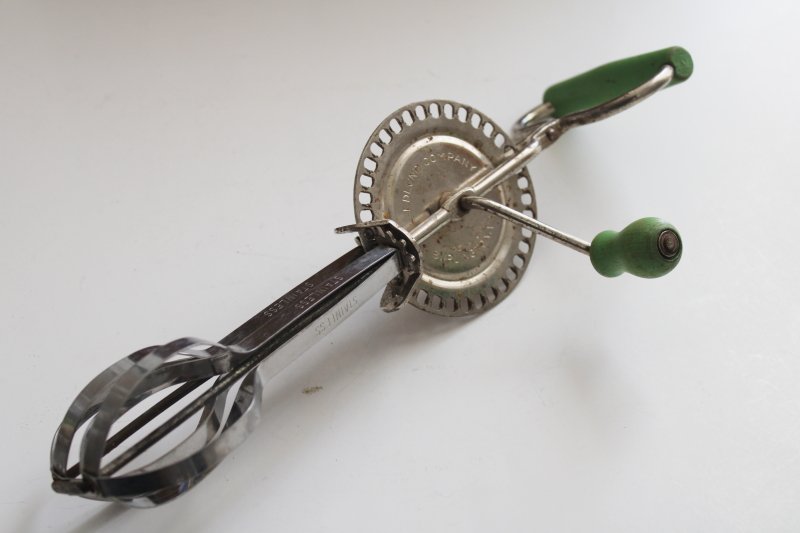 photo of vintage eggbeater, hand crank rotary mixer w/ old green paint wood handle #1