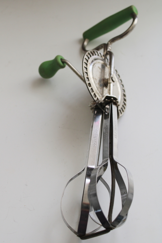 photo of vintage eggbeater, hand crank rotary mixer w/ old green paint wood handle #4