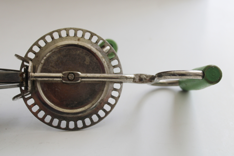 photo of vintage eggbeater, hand crank rotary mixer w/ old green paint wood handle #5