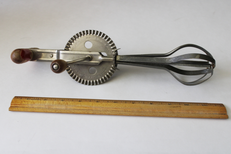 photo of vintage eggbeater, hand crank rotary mixer w/ old red paint wood handle #1