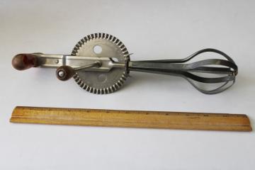 vintage eggbeater, hand crank rotary mixer w/ old red paint wood handle