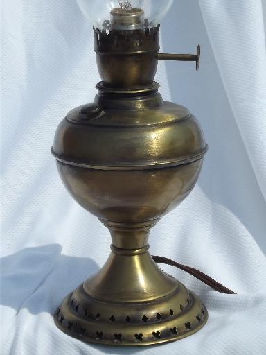 photo of vintage electric lamp, antique oil lamp type w/ glass hurricane chimney #2