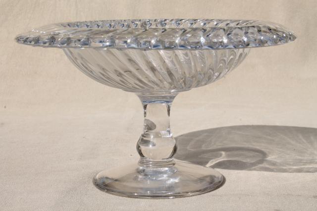 photo of vintage elegant glass compote, crystal clear pedestal dish spiral flutes fluted swirl pattern #1