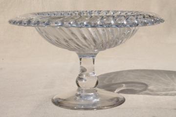 catalog photo of vintage elegant glass compote, crystal clear pedestal dish spiral flutes fluted swirl pattern